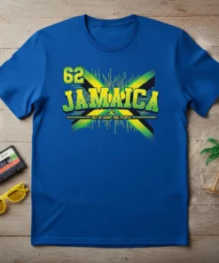 Blue t-shirt with "62 Jamaica Out of Many, One People" text and Jamaican flag graphic, featuring circuit board pattern