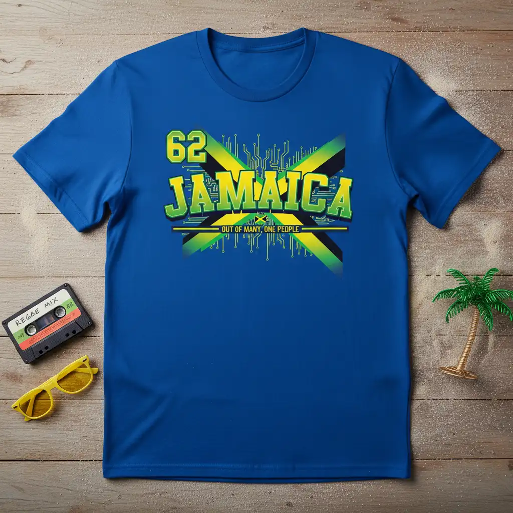 62 Jamaica Out of Many One People text design with Jamaican flag and circuit board graphic on blue t-shirt