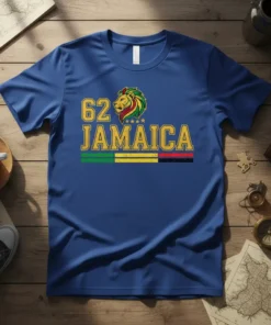 T-shirt with '62 JAMAICA text, lion head graphic, and Jamaican flag colors