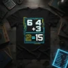 Black t-shirt with a digital circuit design featuring the math equation 6+4+3=15 in white and cyan text
