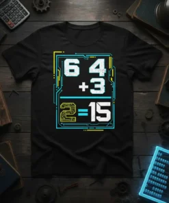 Black t-shirt with a digital circuit design featuring the math equation 6+4+3=15 in white and cyan text