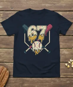 Baseball themed "67" birthday graphic t-shirt with crossed bats and a baseball design