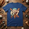 T-shirt design featuring the number 67 made of dripping ice cream with baseball bats and a baseball, on a blue