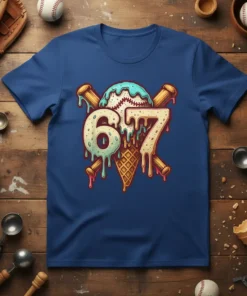 T-shirt design featuring the number 67 made of dripping ice cream with baseball bats and a baseball, on a blue