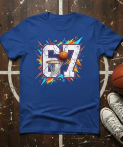 Blue t-shirt featuring a large white cracked number 67 with a basketball going through a net, surrounded by colorful abstract