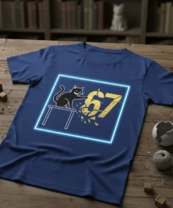 A navy blue t-shirt featuring a 67 cat design with a black cat on a table and gold numbers