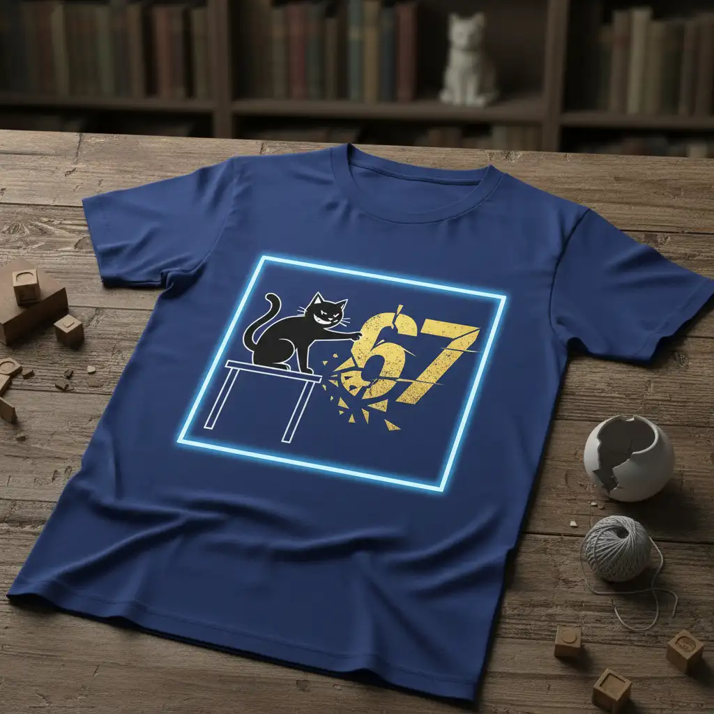67 cat design tee with black cat on table and gold shattered numbers within a neon blue square border