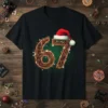 Black t-shirt with large '67' design in circuit board style, wearing a Santa hat, with festive sparkles