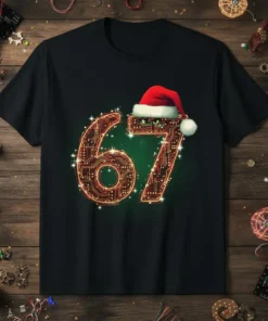Black t-shirt with large '67' design in circuit board style, wearing a Santa hat, with festive sparkles