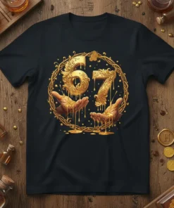 The number 67 rendered in ornate gold, dripping with golden liquid, framed by a honeycomb and vine motif