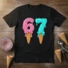 Black t-shirt with dripping ice cream numbers 67 and waffle cones