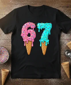 Black t-shirt with dripping ice cream numbers 67 and waffle cones