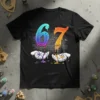 Black t-shirt featuring the number 67 designed as melting ice cream cones with dripping toppings, held by hands