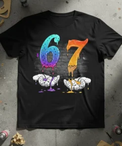 Black t-shirt featuring the number 67 designed as melting ice cream cones with dripping toppings, held by hands