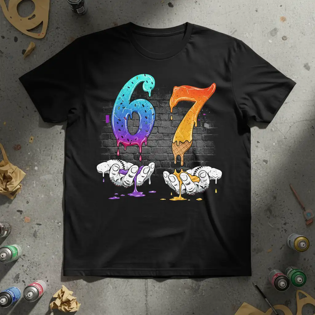Black t-shirt with the number 67 designed as melting ice cream dripping down, held by hands