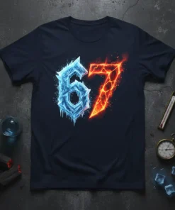 T-shirt design featuring the number 67, with the '6' rendered in ice and frost, and the '7' in flames and