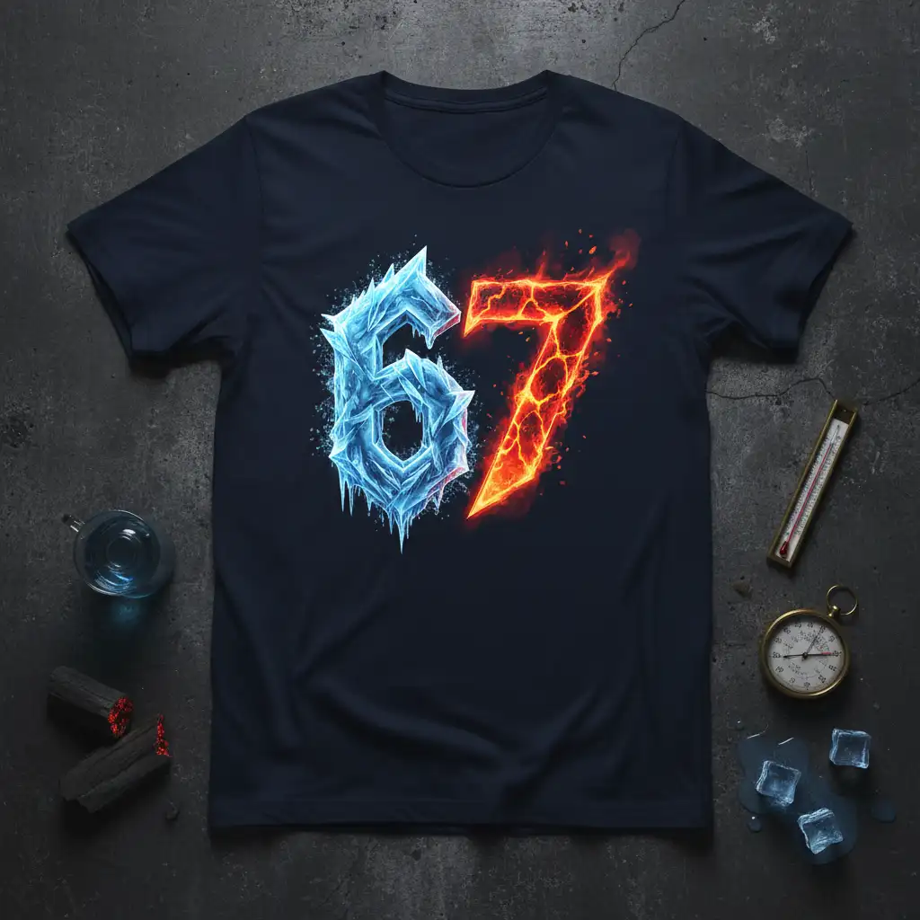The number 67 design on a t-shirt, with the '6' made of ice and the '7' made of fire