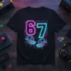 Black t-shirt featuring the number 67 in neon pink and blue, with pixelated graphics and glowing hands below