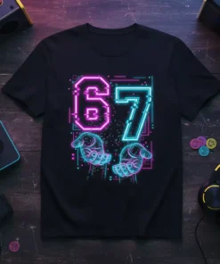 Black t-shirt featuring the number 67 in neon pink and blue, with pixelated graphics and glowing hands below