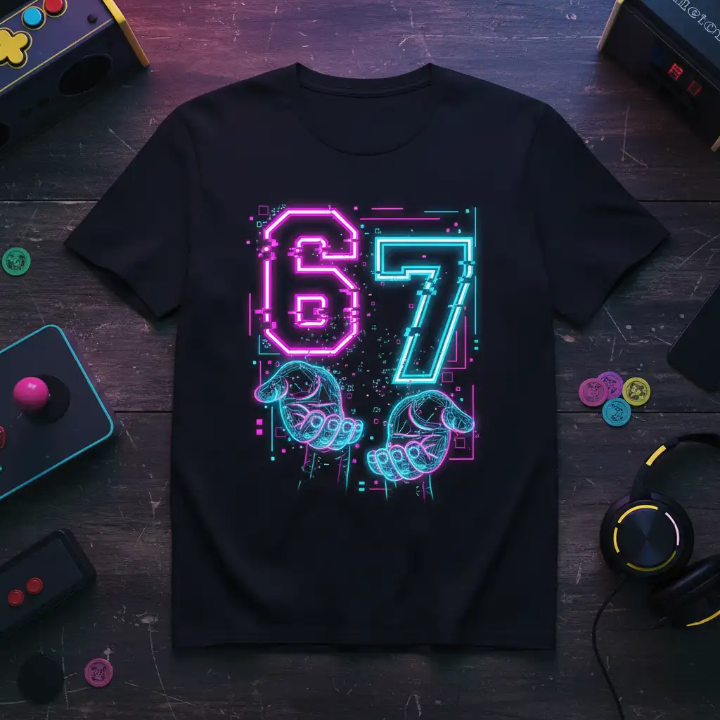 Black t-shirt design featuring the number 67 in vibrant neon pink and cyan, with pixelated details and glowing hands illustration