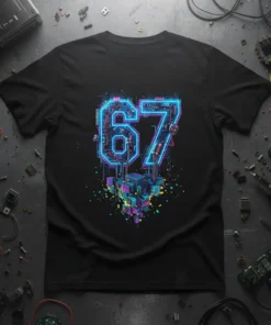 Black t-shirt featuring the number 67 in a neon, circuit-board style design with futuristic city elements, primary keyword 67