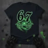 Black t-shirt with a large, neon green glowing number 67 design and skeleton hands in a smoky vortex