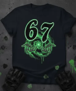 Black t-shirt with a large, neon green glowing number 67 design and skeleton hands in a smoky vortex