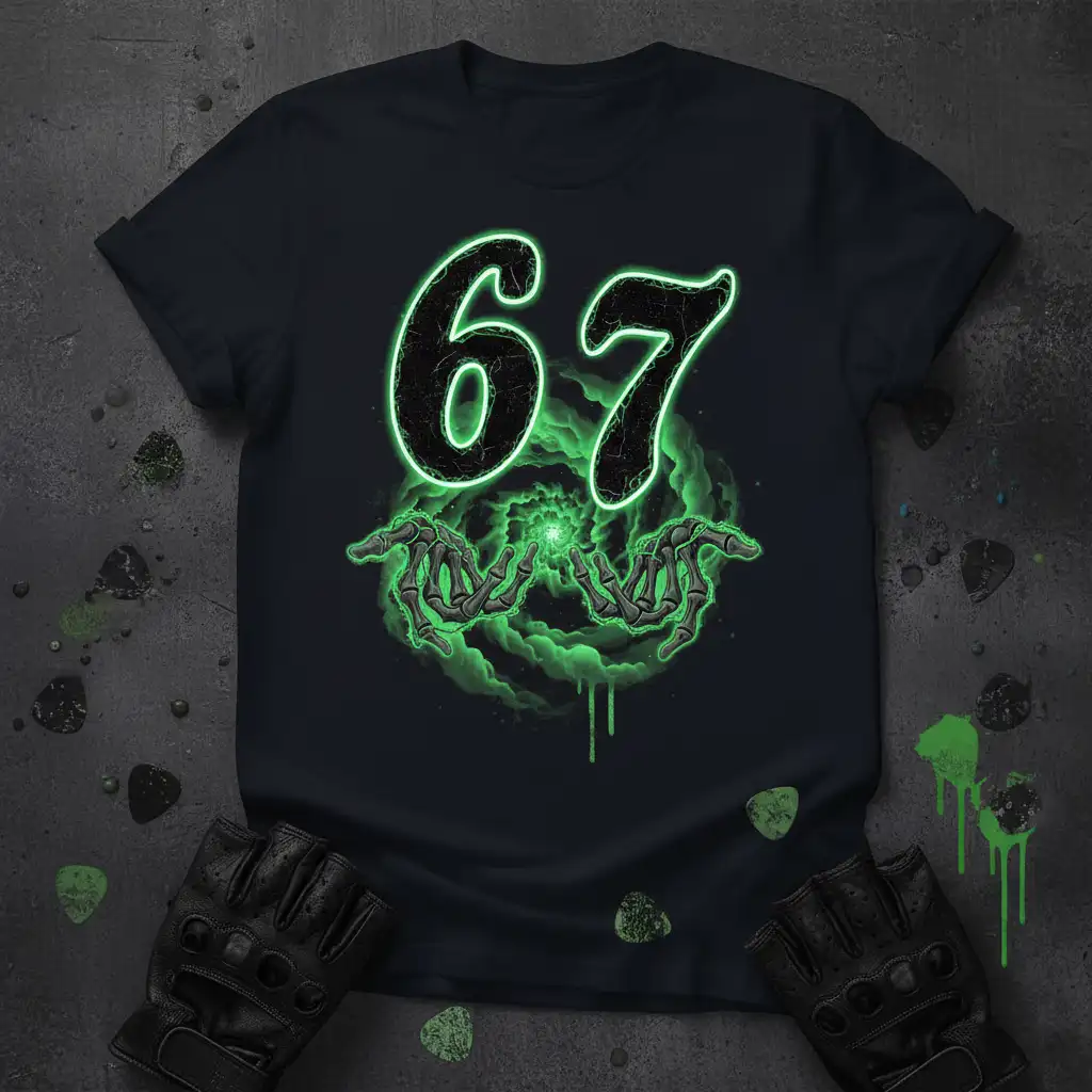 Neon green glowing number 67 design with skeleton hands on a black t-shirt, vintage style graphic