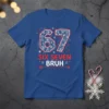 Blue t-shirt with "67 SIX SEVEN BRUH" design featuring snowflakes and red lettering