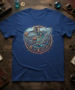 Blue t-shirt with a large "67" design in a steampunk style, featuring intricate gears and mechanical details