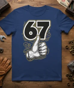 T-shirt design featuring the number 67 with a thumbs-up hand gesture and retro swirling graphics