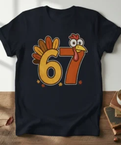 Front view of a dark navy t-shirt featuring a cartoon turkey forming the number 67 with fall leaves, perfect for