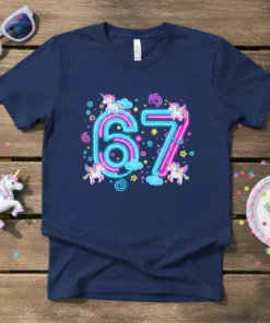 Navy blue t-shirt with neon-style "67" design featuring cute unicorns, clouds, and stars, perfect for a 67th birthday celebration