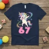 Unicorn doing the dab pose with the number 67 on a navy blue t-shirt, perfect for a 67th birthday celebration