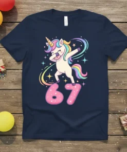 Unicorn doing the dab pose with the number 67 on a navy blue t-shirt, perfect for a 67th birthday celebration