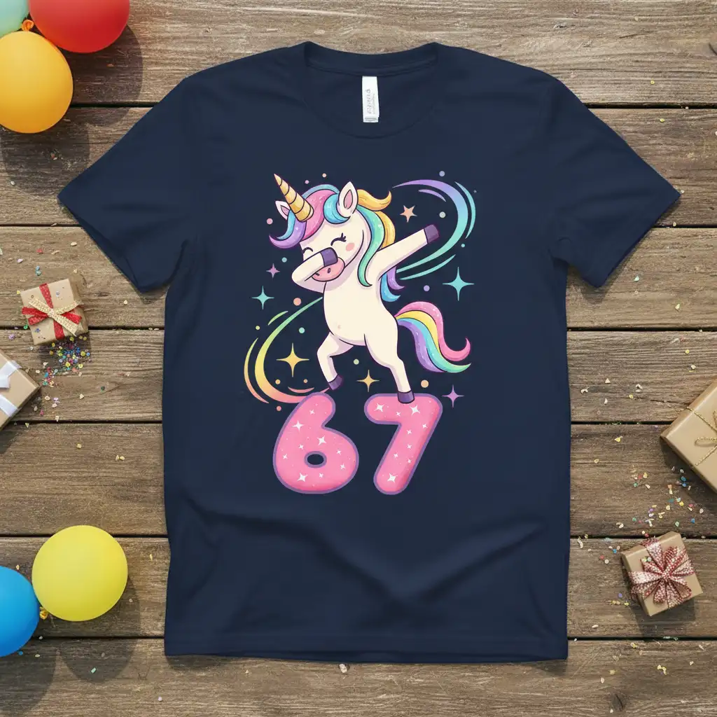 A cute unicorn doing the dab pose with pink sparkly numbers 67 on a navy t-shirt for a 67th birthday celebration