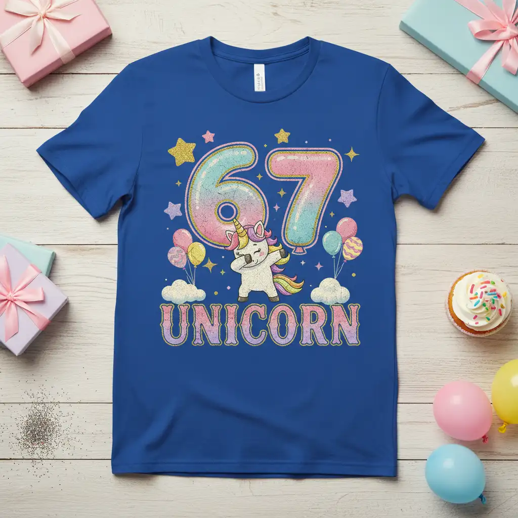 67 Unicorn Birthday T-Shirt design with glittery balloons and dabbing unicorn graphic