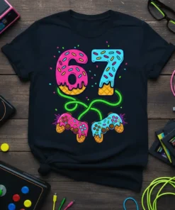 Black t-shirt with the number 67 designed as donuts and ice cream cones, connected to retro game controllers