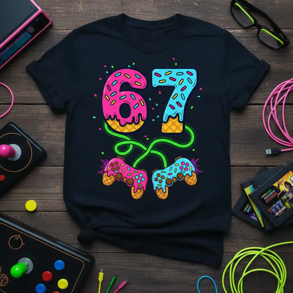67nd birthday t-shirt featuring donut numbers and retro game controllers, perfect for gamers