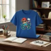 A blue t-shirt with a cartoon boy dabbing next to the number 67, surrounded by school-related icons like pencils and