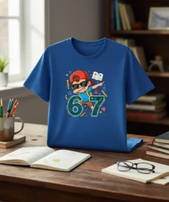 A blue t-shirt with a cartoon boy dabbing next to the number 67, surrounded by school-related icons like pencils and