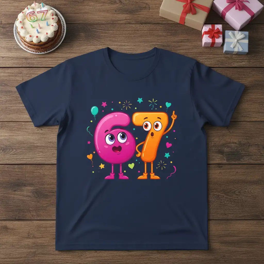 Animated cartoon numbers 6 and 7 with party elements, ideal for a 67th Birthday T-Shirt