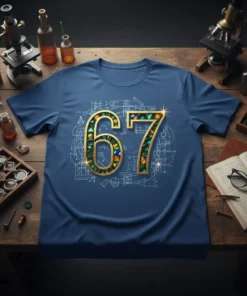 T-shirt with large "67" design featuring gold trim and colorful gems, set on a blueprint background