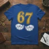 Number 67 in gold glitter font with cupped hands below, on a blue t-shirt. 67th birthday gift design