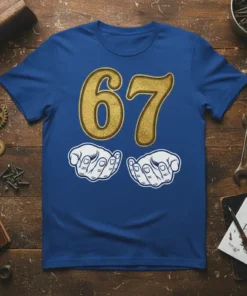 Number 67 in gold glitter font with cupped hands below, on a blue t-shirt. 67th birthday gift design