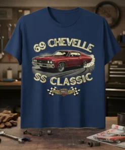 Vintage 1969 Chevelle SS Classic American Muscle car graphic on a navy blue t-shirt