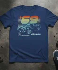 '69 Chevrolet V8 American Made T-Shirt featuring a vintage car graphic and retro stripes