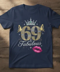 69 & Fabulous birthday t-shirt with crown, butterflies, and sparkling lips graphic