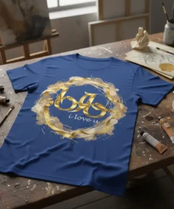 "69 i love u" romantic quote t-shirt with gold ornate lettering and watercolor brush strokes