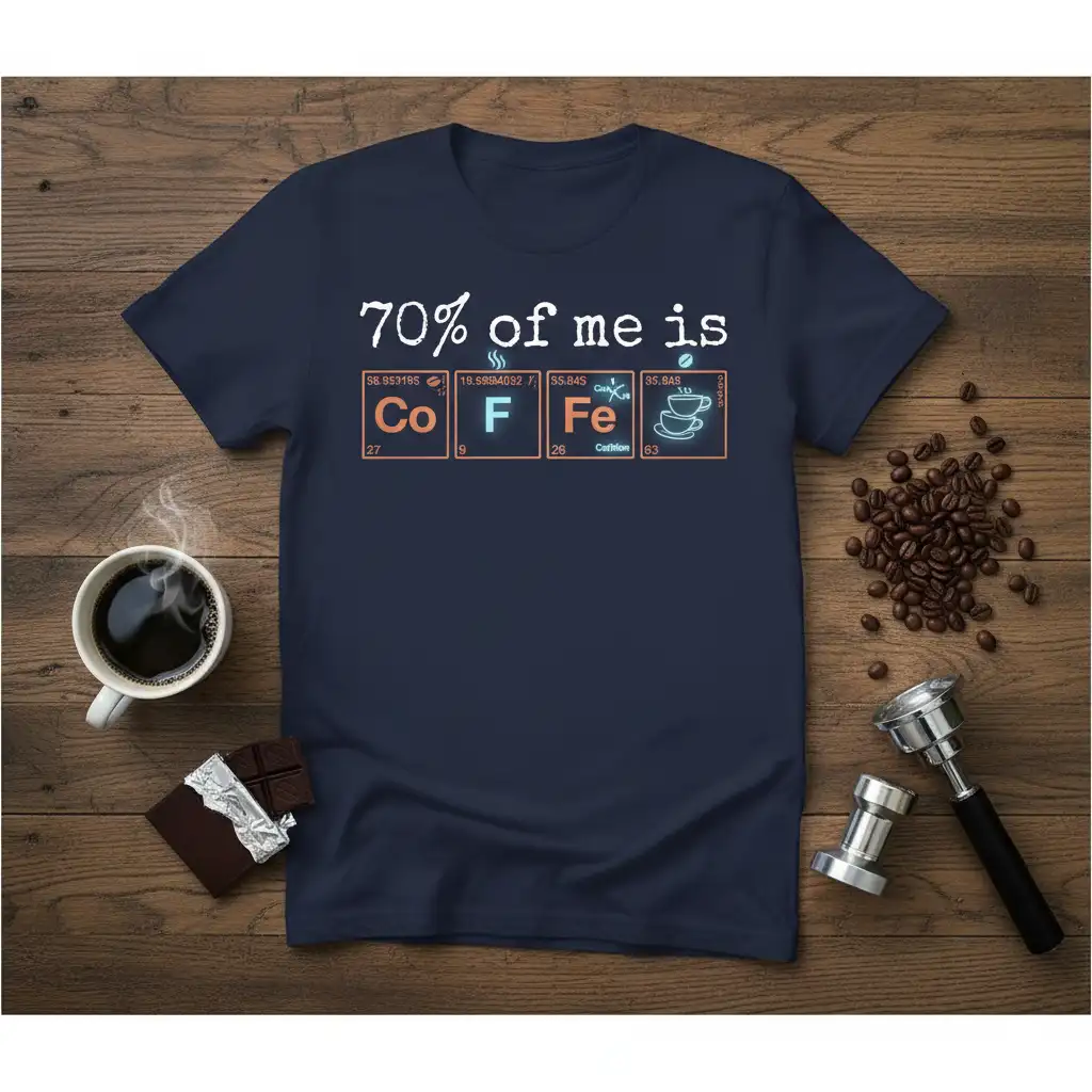 70% of me is CO F Fe Caffeine science periodic table quote on a navy t-shirt, ideal for coffee lovers